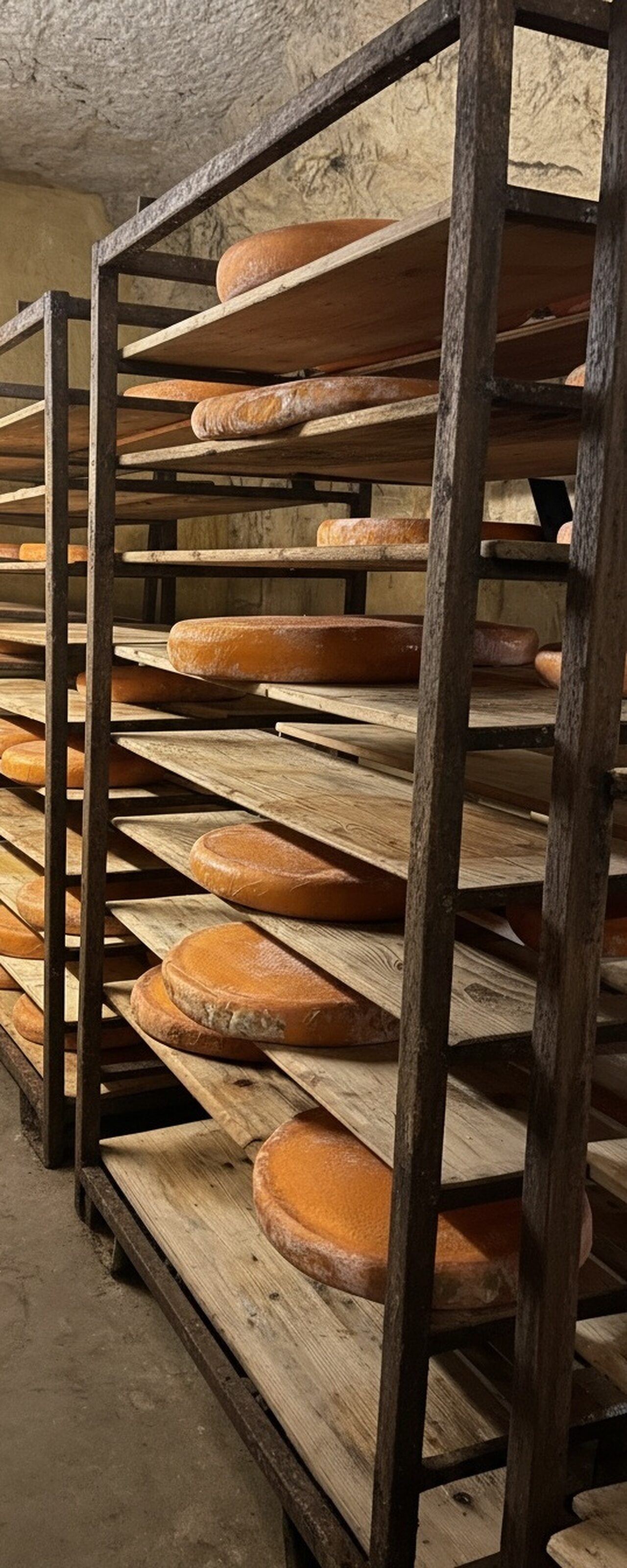 Rijen kaaswielen rijpen op rekken in een mergelgrot, verlicht door een lantaarn